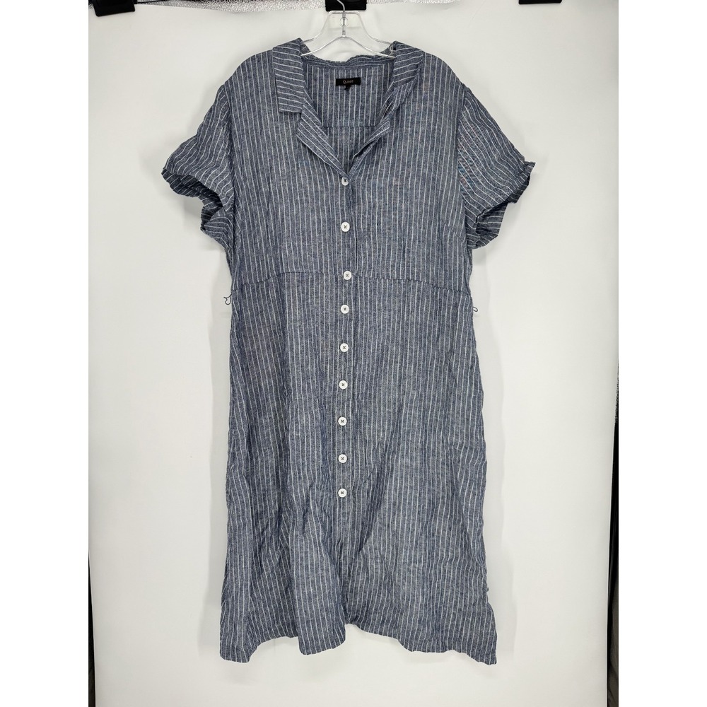 Quince Midi Dress Women 1X XL Striped 100% Linen Short Sleeve Button Up Collared